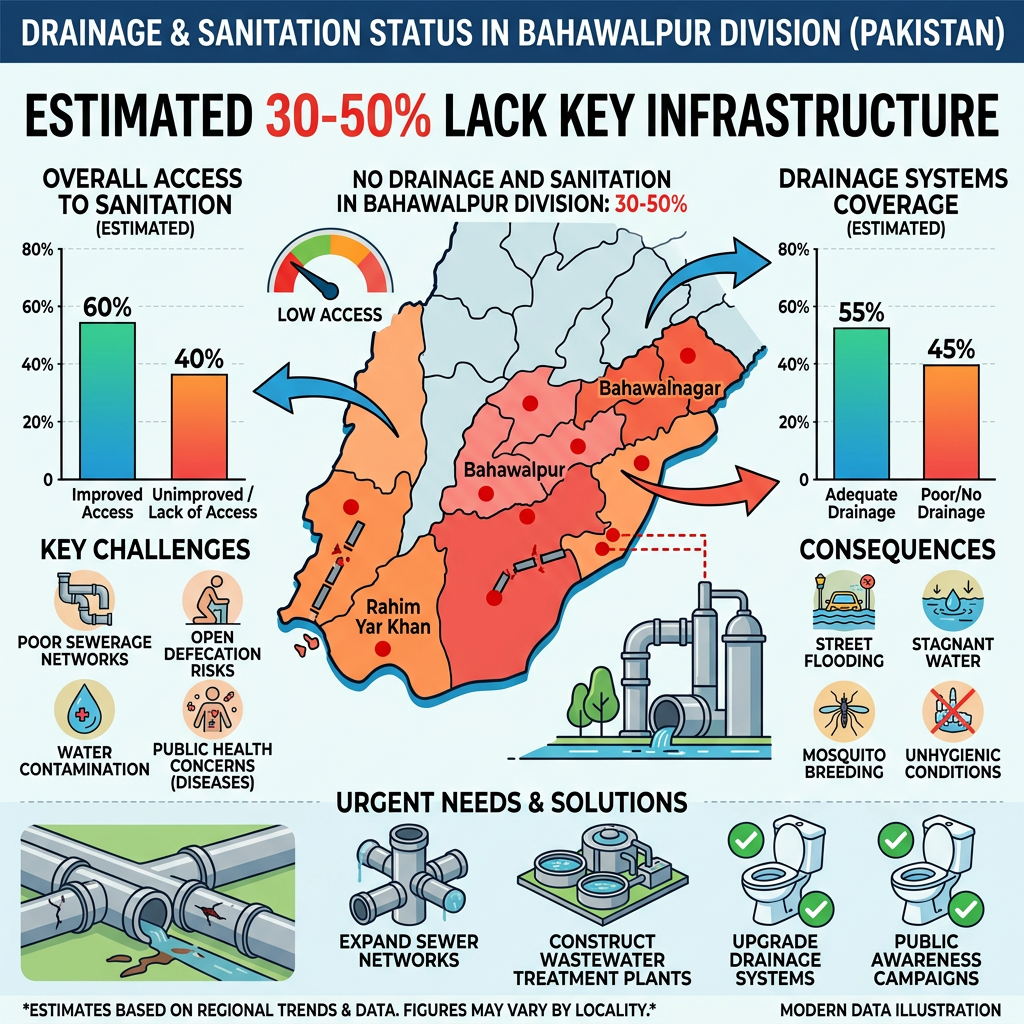 No Drainage and Sanitation in Bahawalpur Division — 30–50%