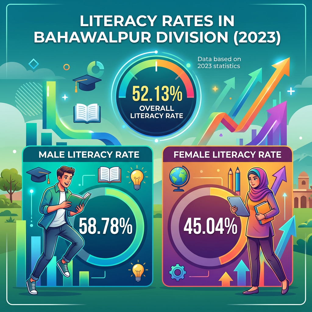 Literacy Rates in Bahawalpur Division — 52.13% overall, Male 58.78%, Female 45.04% (2023)